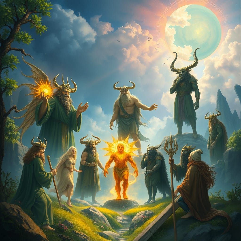 Ancient Deities Gather in Vibrant Landscape