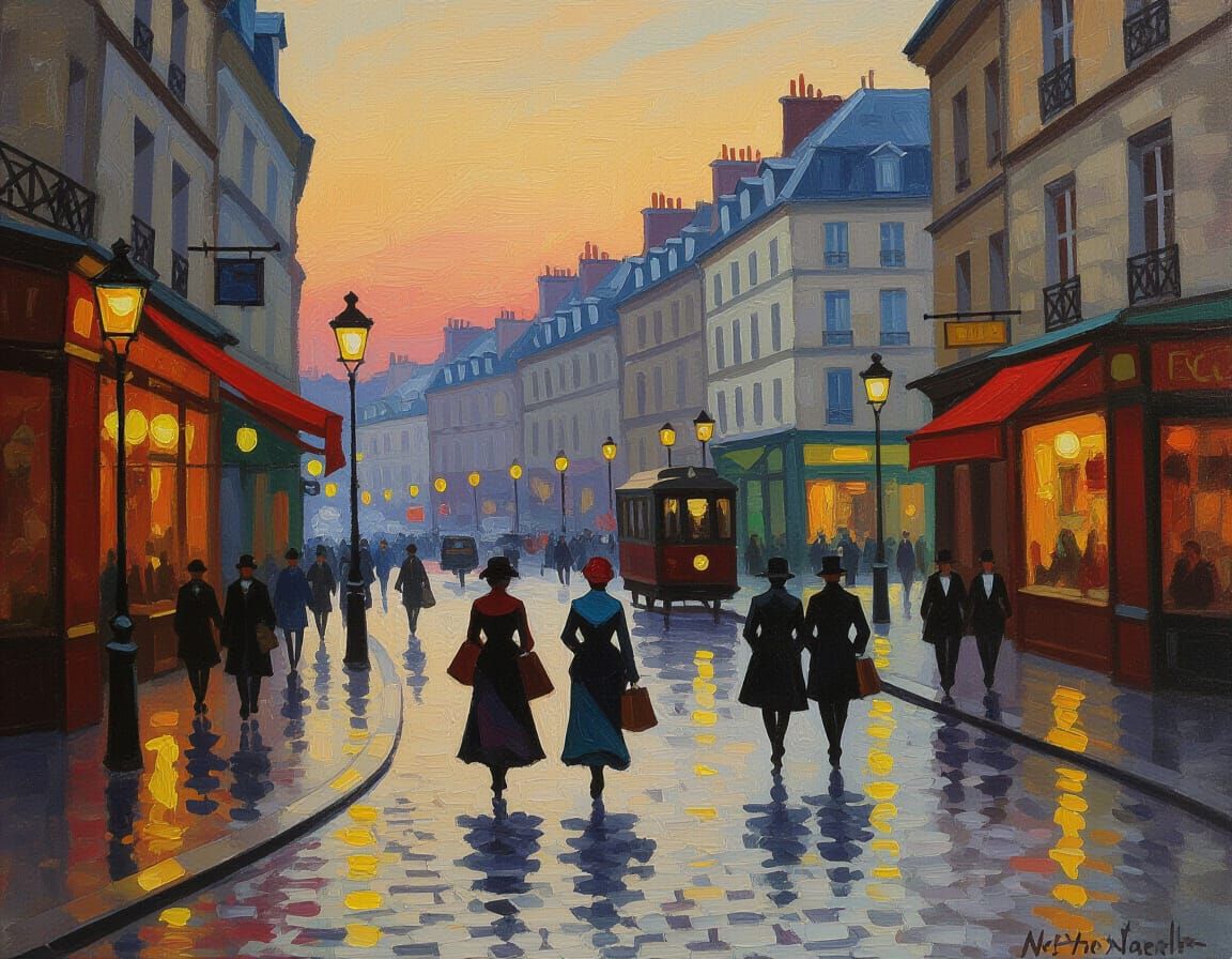 Parisian Street Scene at Dusk: Impressionist Oil Painting