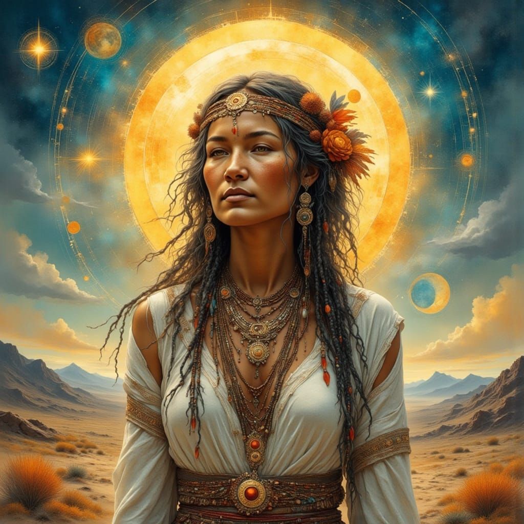 Native American Prophetess in Surreal Desert Landscape