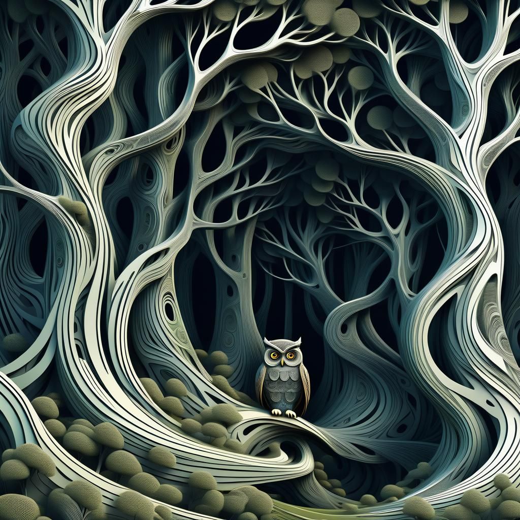 Wise Old Owl in Abstract Forest