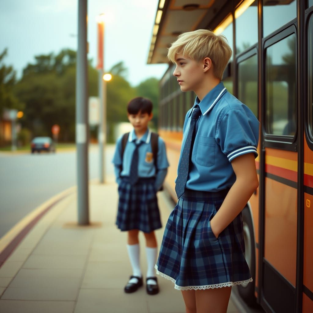 Teenage Boys Share a Moment at the Bus Stop in a Cinematic S...