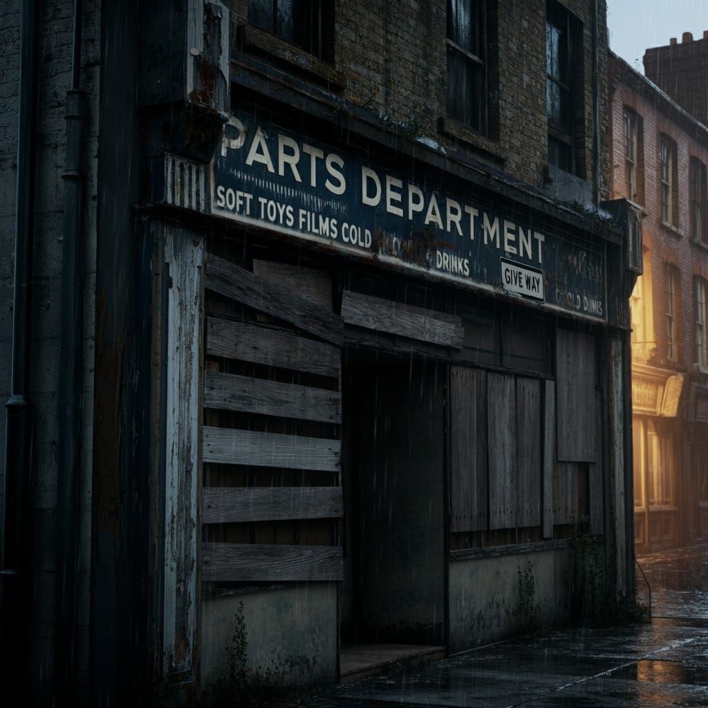 Rainy Street: Abandoned Shopfront in Gritty Style