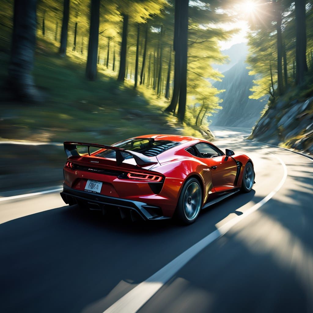 Cyberpunk-Style Sports Car Speeds Around Sharp Turn on Windi...