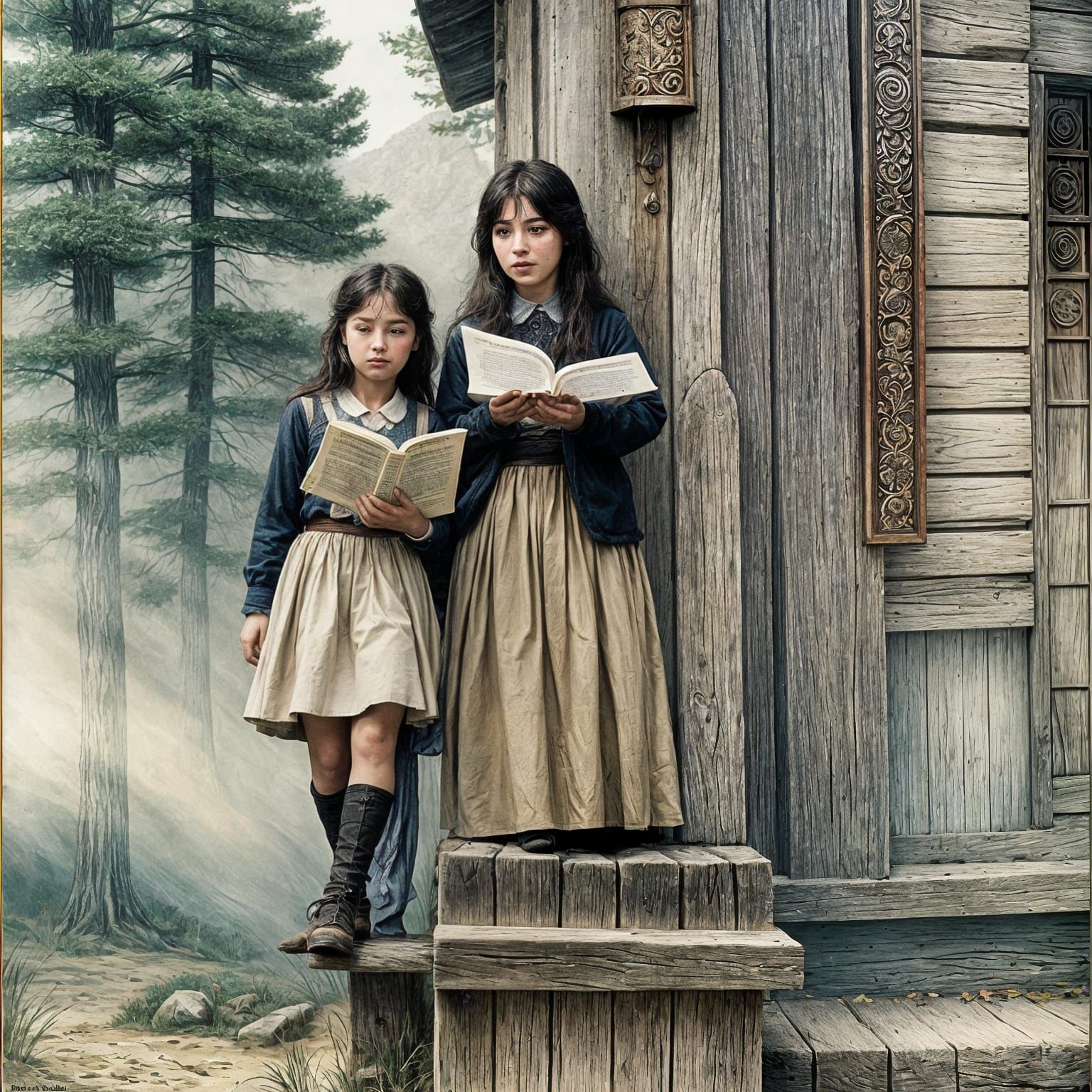 Arthur Rackham-Inspired Village Scene with Colorful Gradient