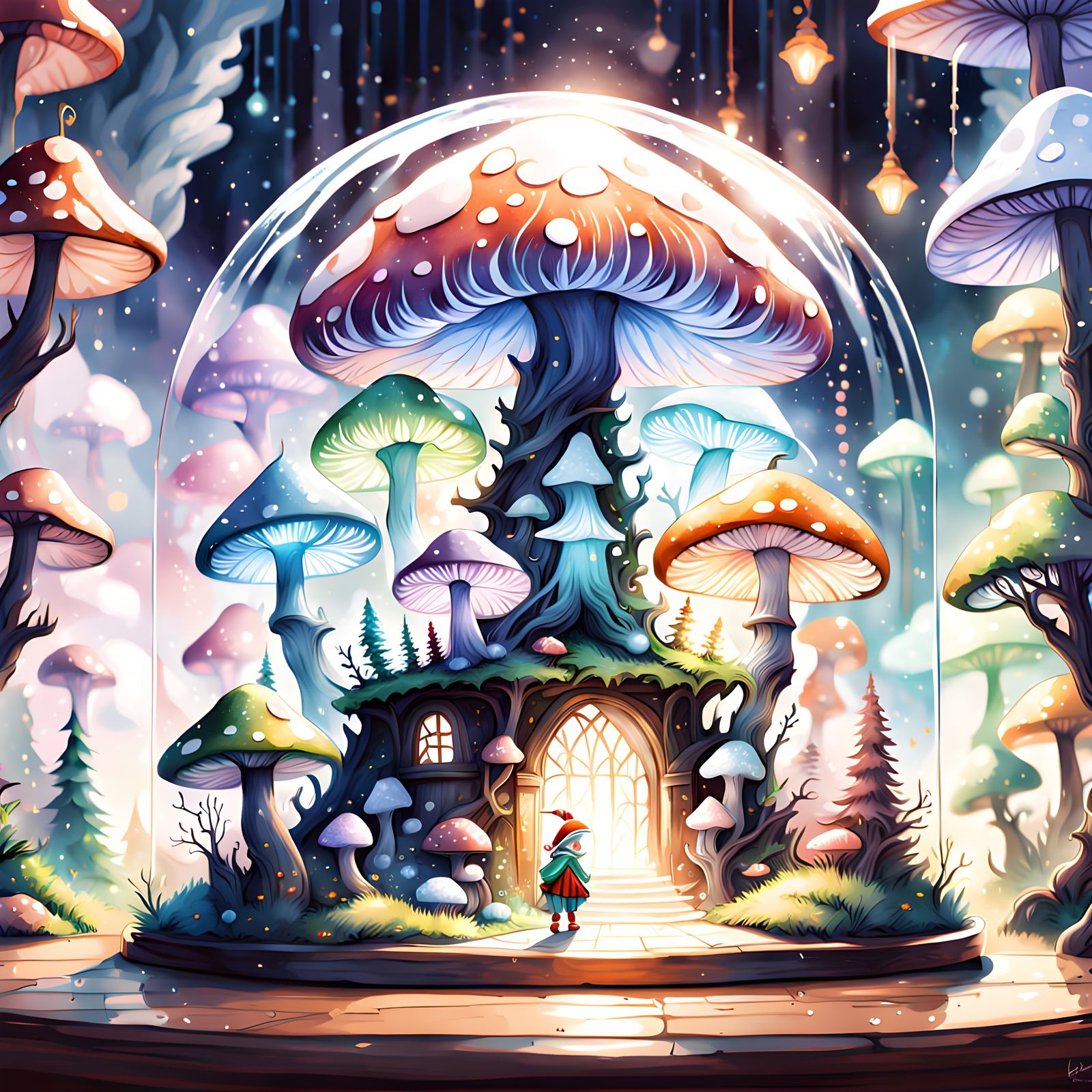 Anime Elf Gazing at Winter Wonderland, Watercolor