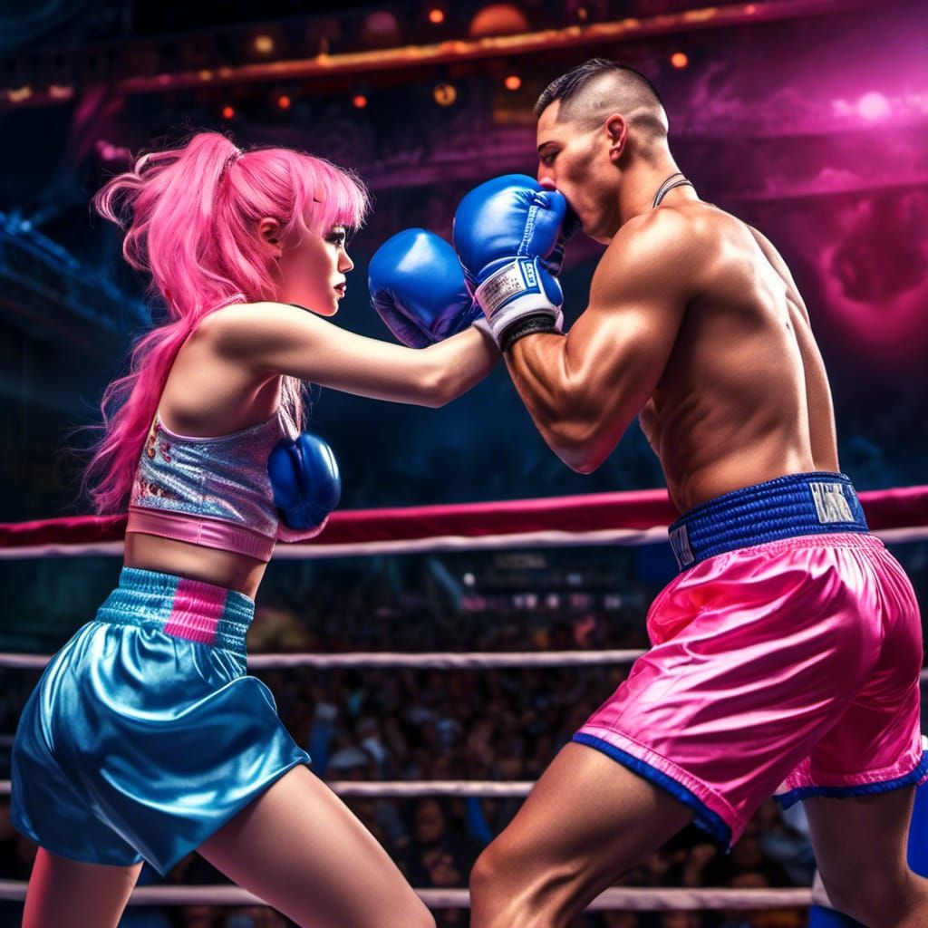 Female and Male Boxers Fighting, Photorealistic