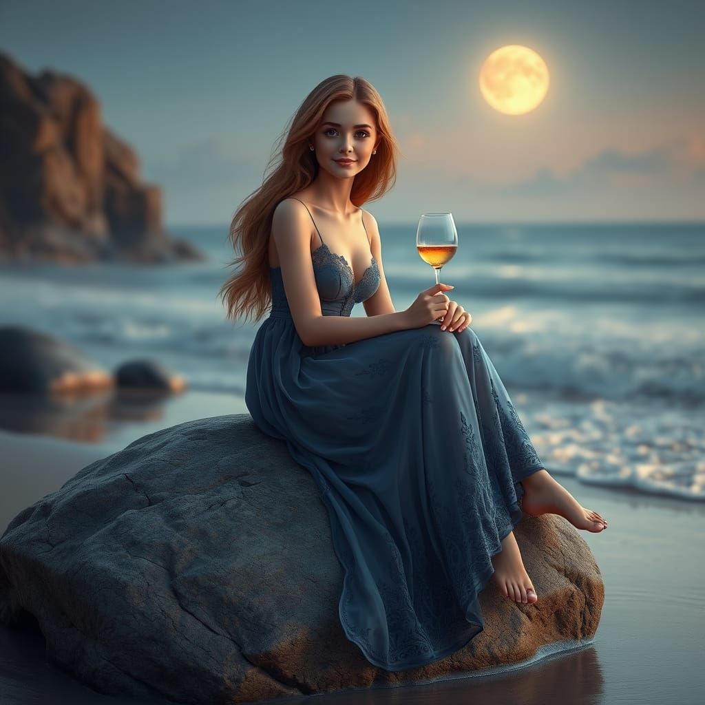 Serene Girl Under Moonlit Beachside Glow