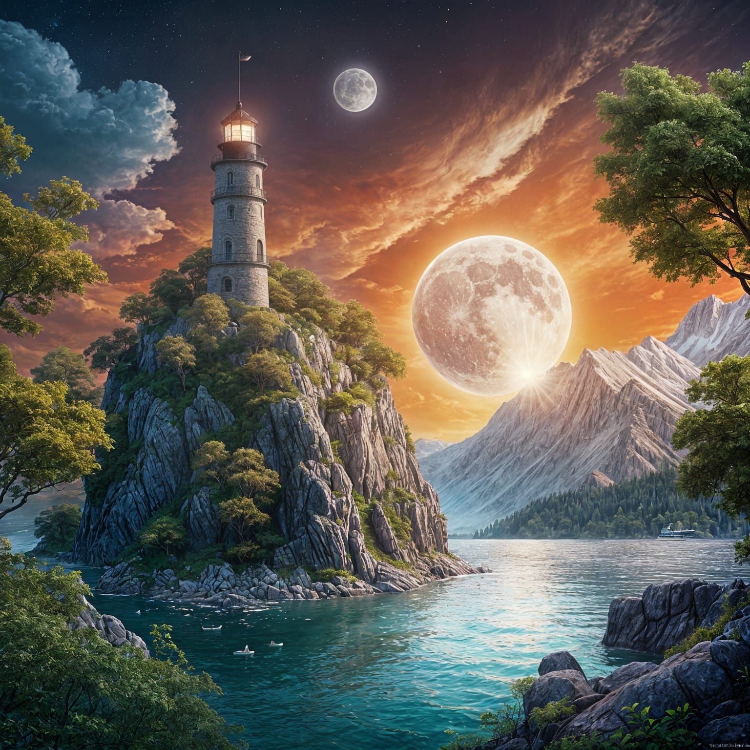 Lake and Lighthouse in Stone Hand: Hyperrealistic Concept Ar...