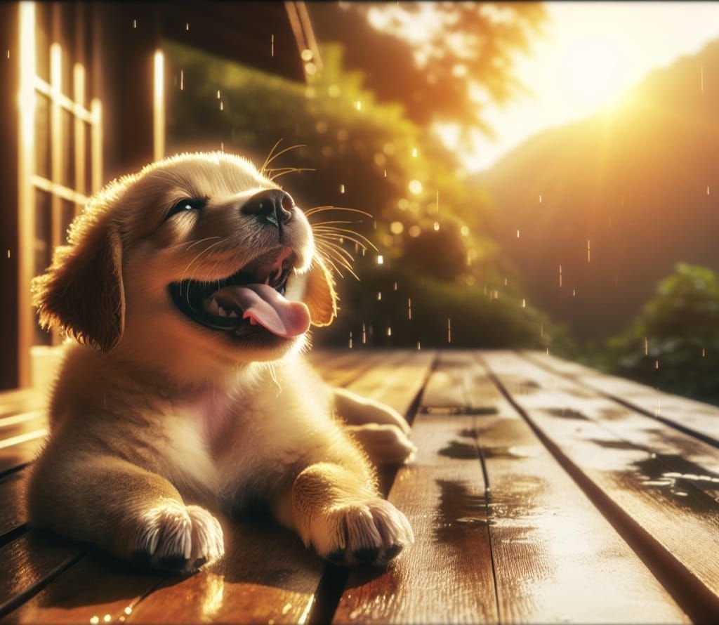 Joyful Puppy in Sunlight on Wooden Deck