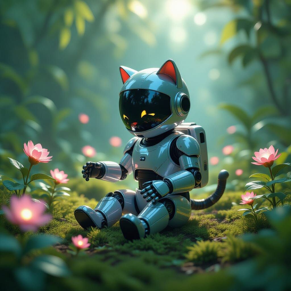 Robot Cat in Zero-Gravity Garden, Sci-Fi Style