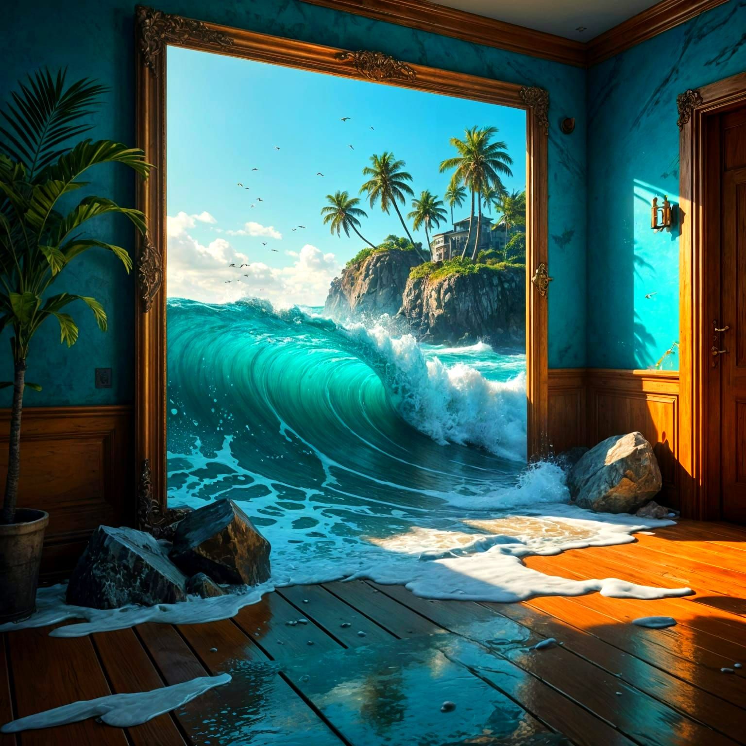 Water Rushes Out of a Framed Ocean Beach Scene in a Stylish...