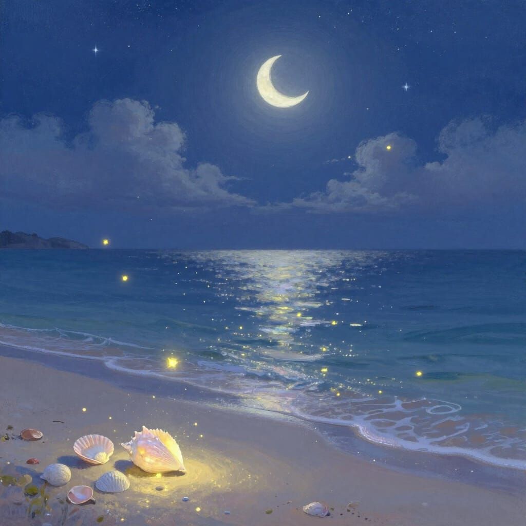 Magical Storybook Beach Under Midnight Starry Sky