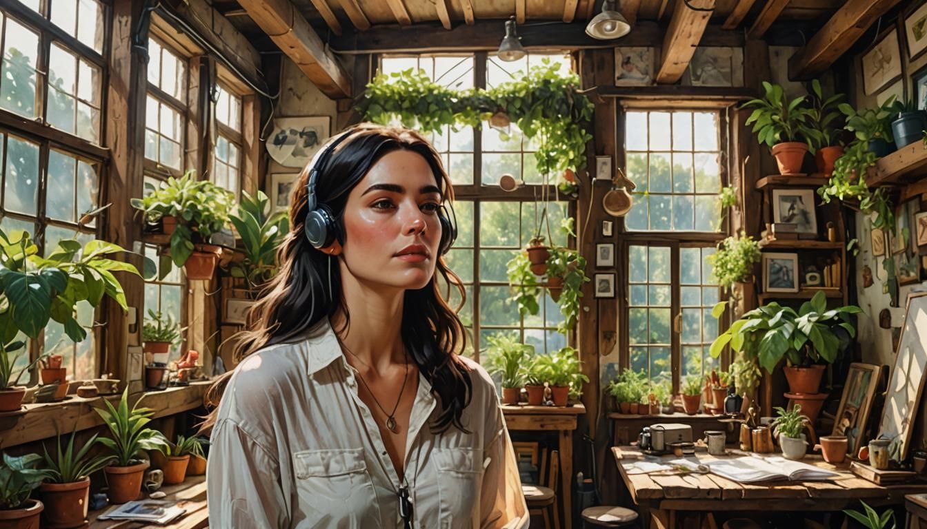 Sun-Drenched Loft Serenity: Woman Listening to Music