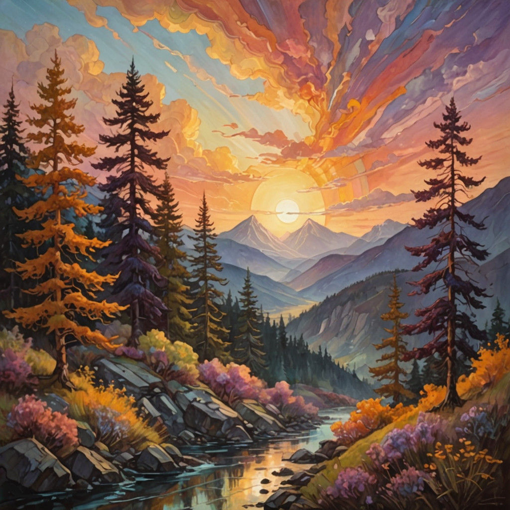 Serene Mountain Landscape with Rainbow, in the Style of Impr...