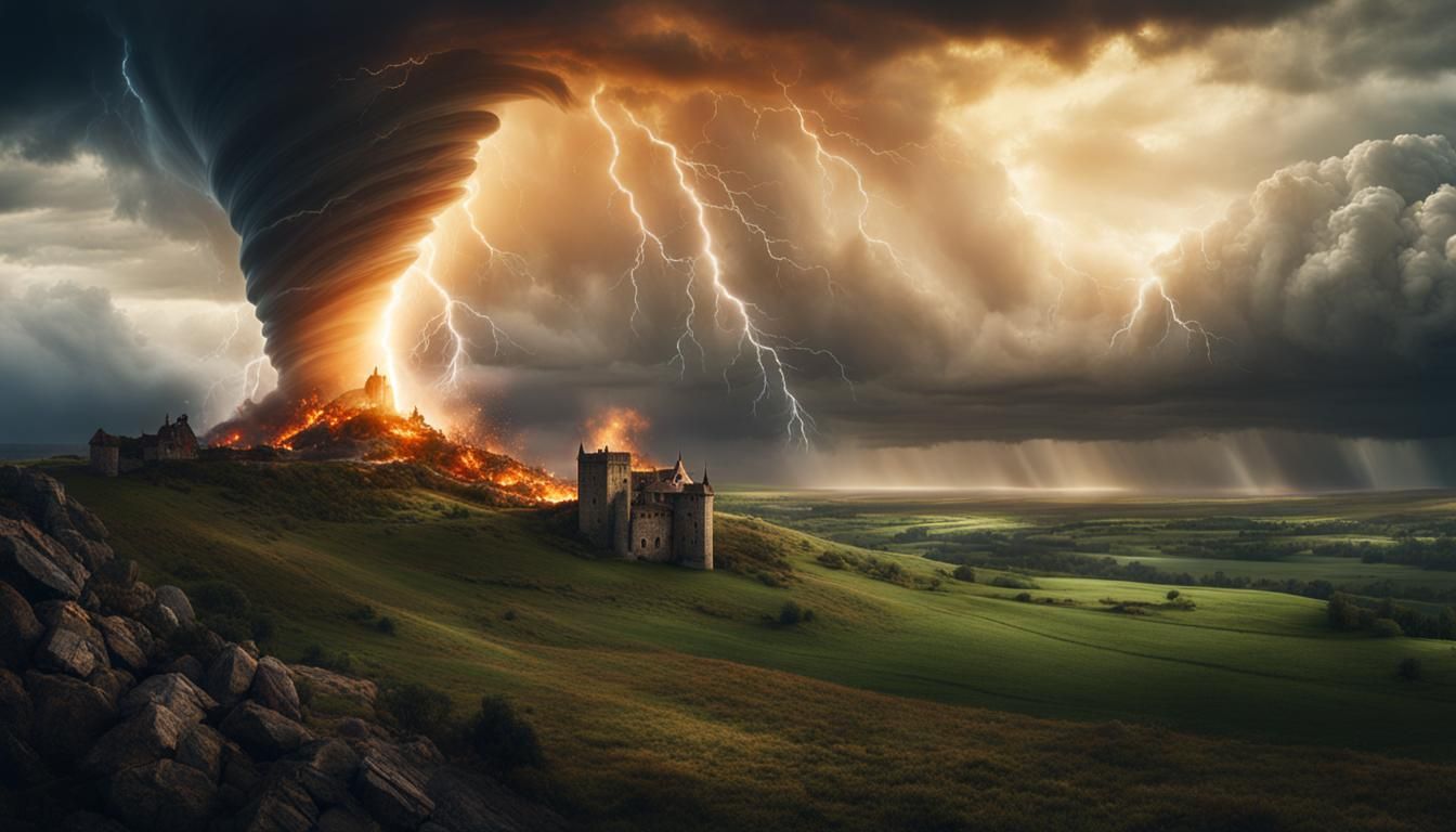 Tornado in Medieval Fantasy Landscape with Dramatic Lighting