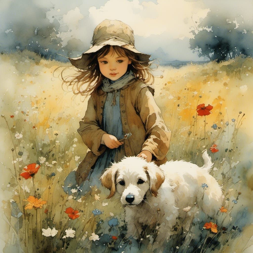 Girl and Dog in Blooming Meadow, Watercolor Style