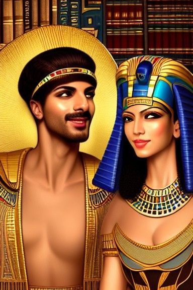 Thoth and Ma'at in Ancient Library, Art Nouveau Style