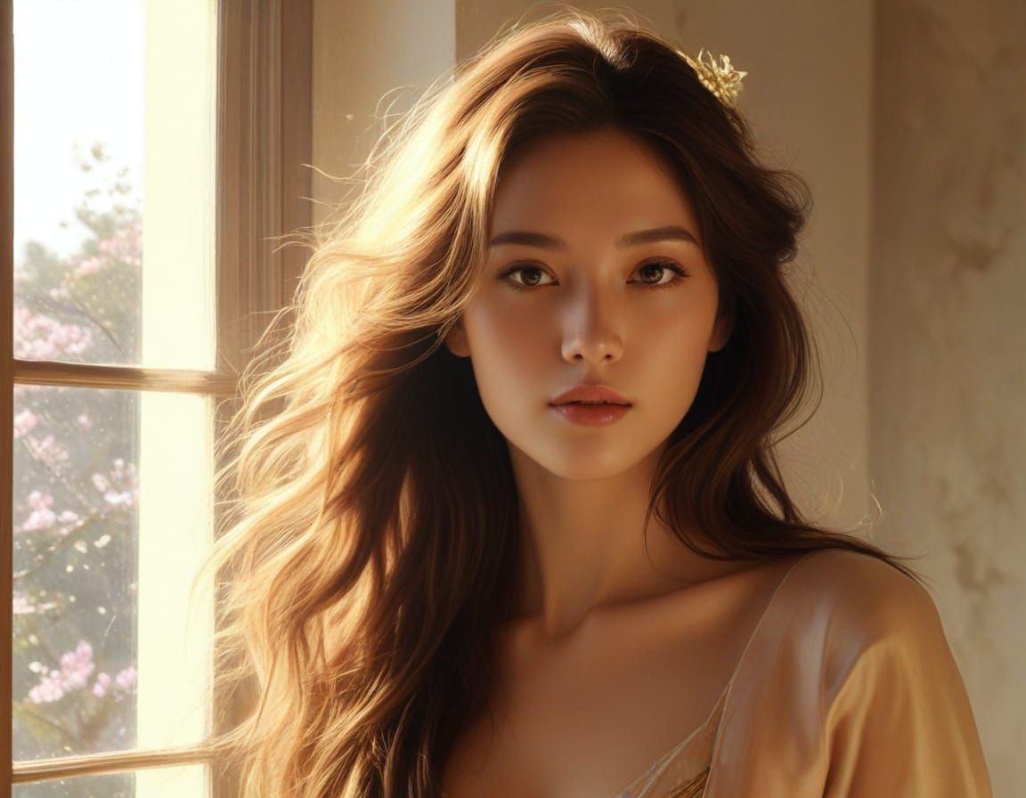 Ethereal Chinese Goddess Amidst Cherry Blossoms in Gold Hanf...