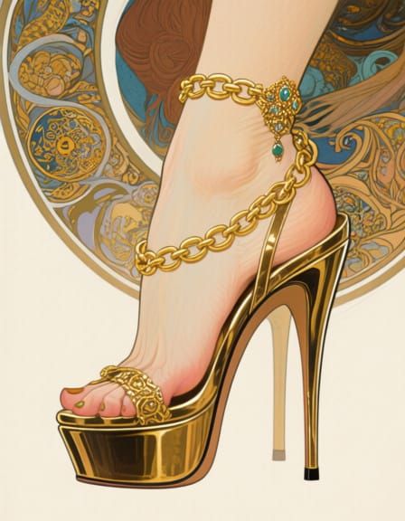 Elegant Stiletto Pump with Golden Chains in Art Nouveau Styl...