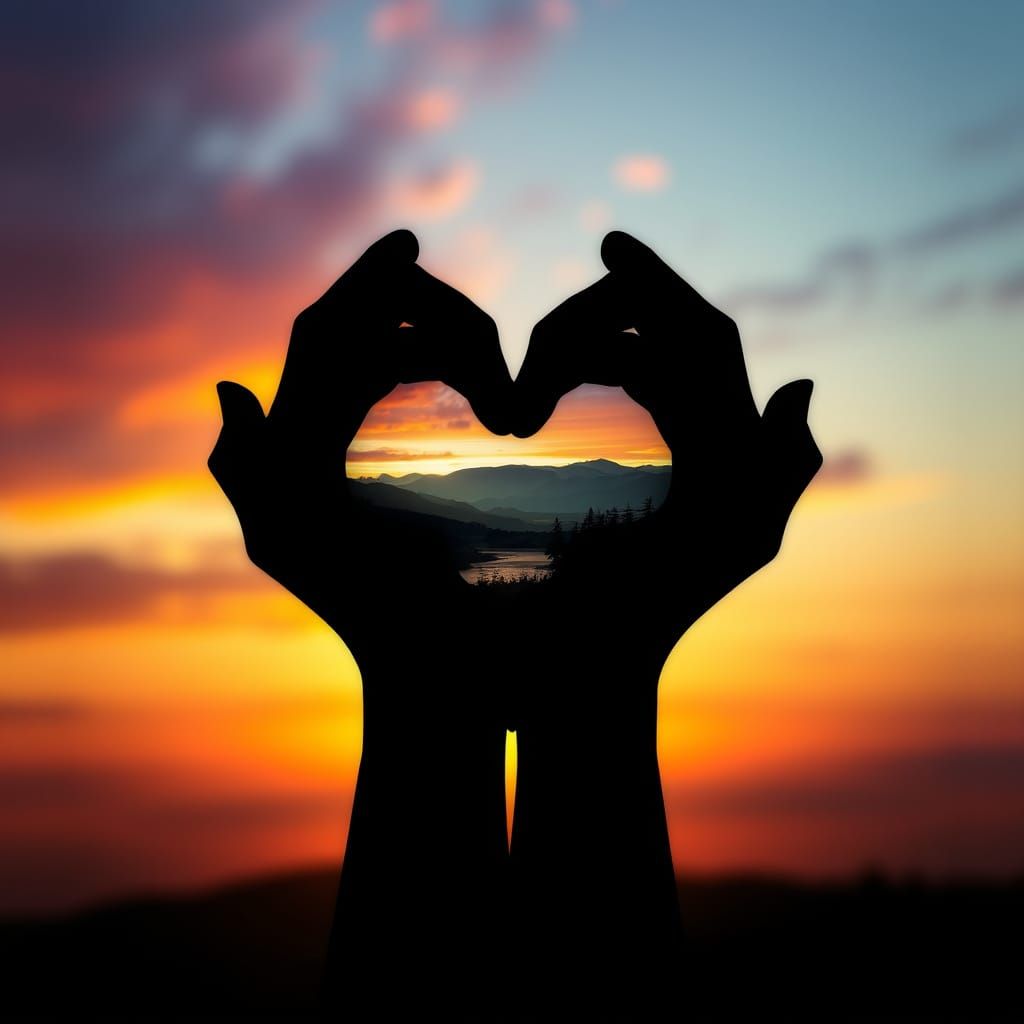Hands Forming Heart Shape Against Sunset Landscape