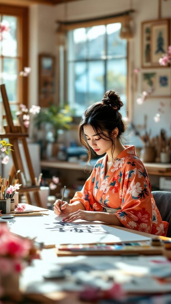 Japanese Woman Paints in Spacious Art Studio