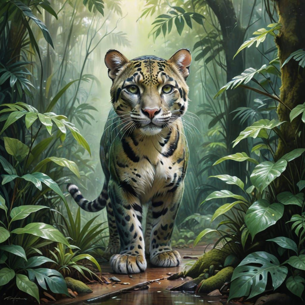 Clouded Leopard in Rainforest Watercolour