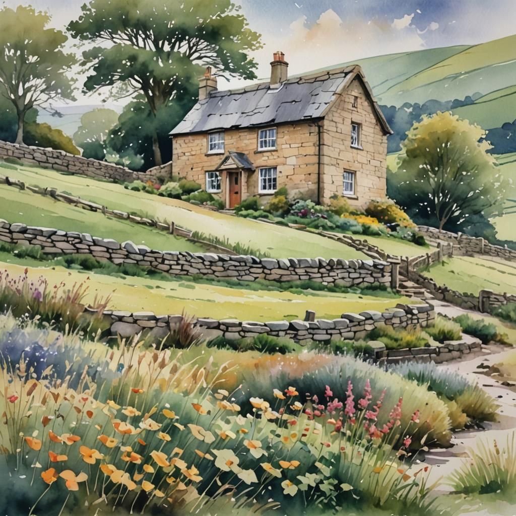Watercolor Cottage in Serene Yorkshire Landscape