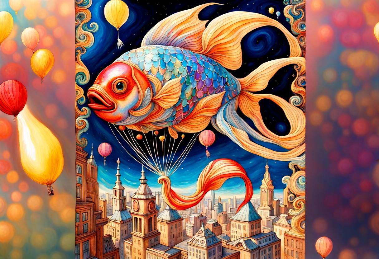 Balloon Fish Flies Over City, Gouache Art