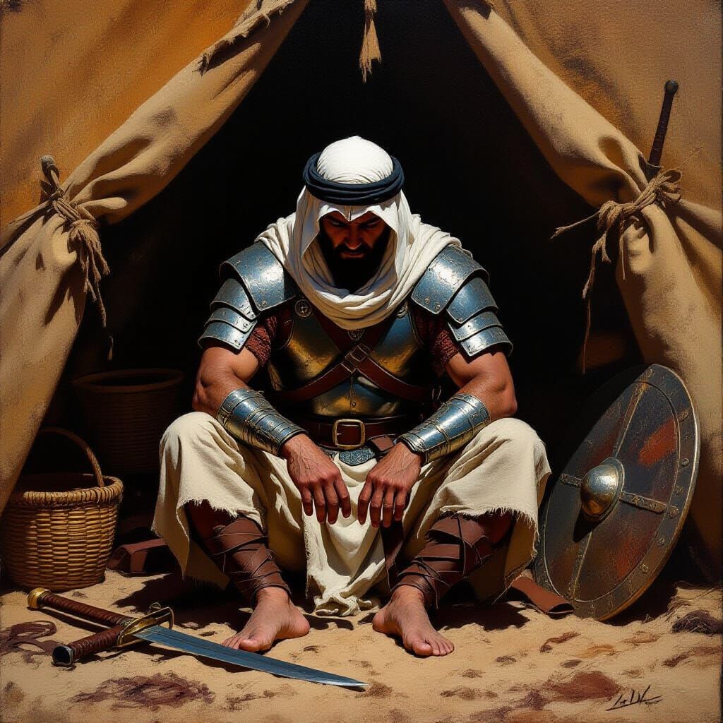 Sad Andalusian Warrior in Dimly Lit Tent, Oil Painting
