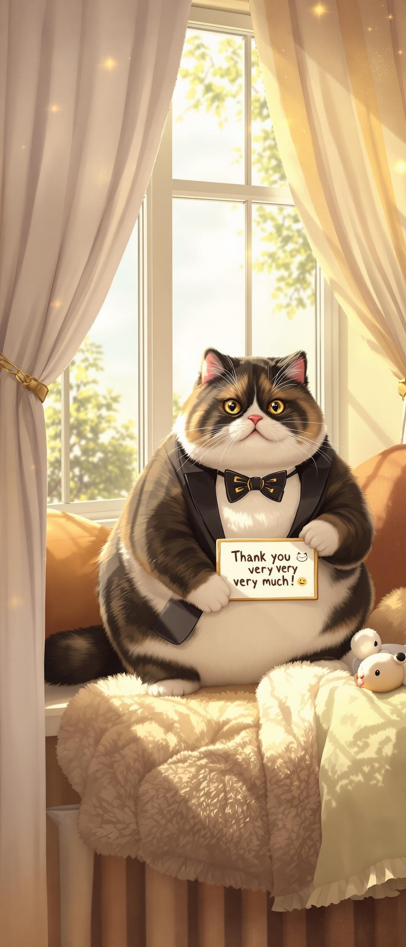 Majestic Chonky Cat Expresses Gratitude in Cozy Sunlit Scene