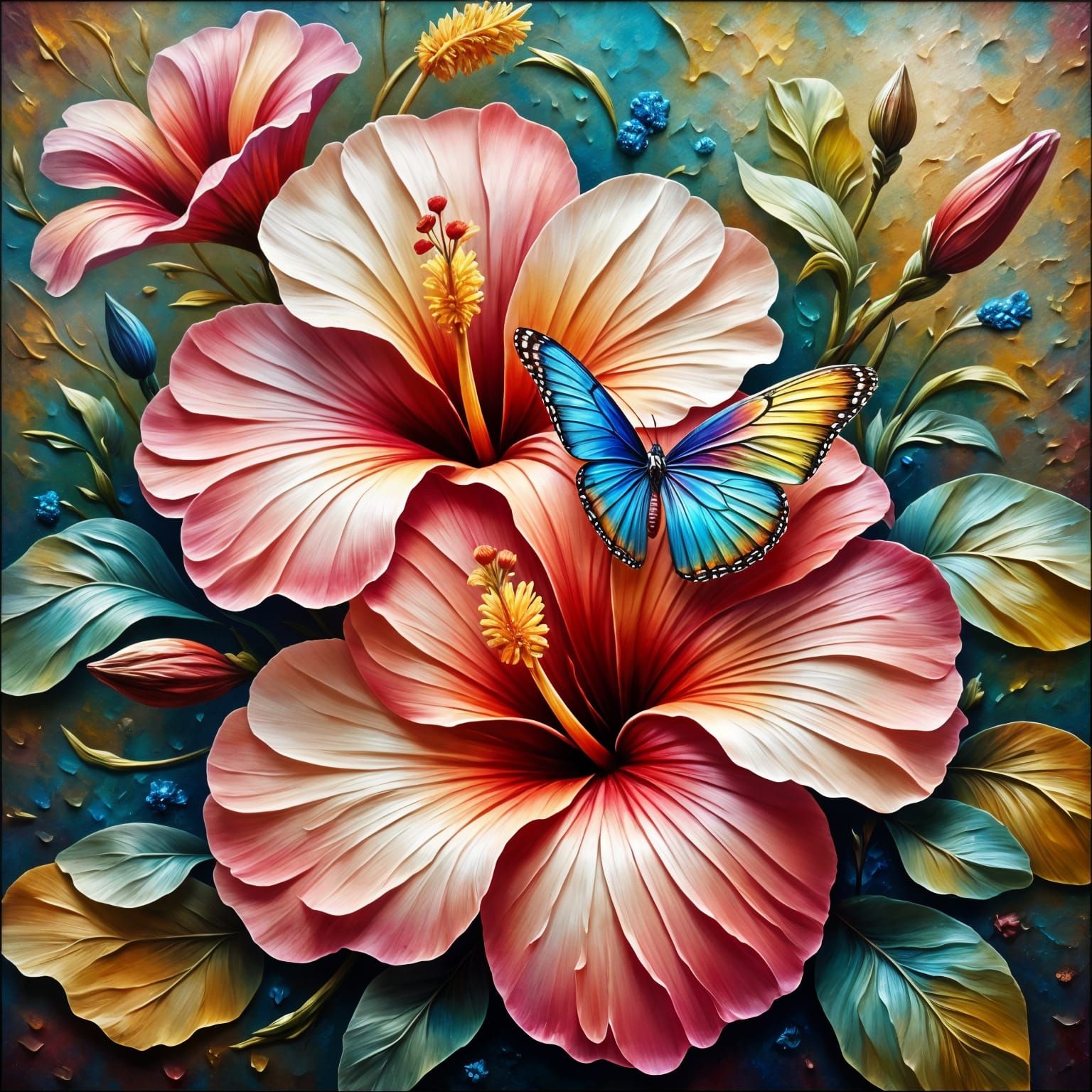 Vibrant Butterfly Amidst Tropical Hibiscus