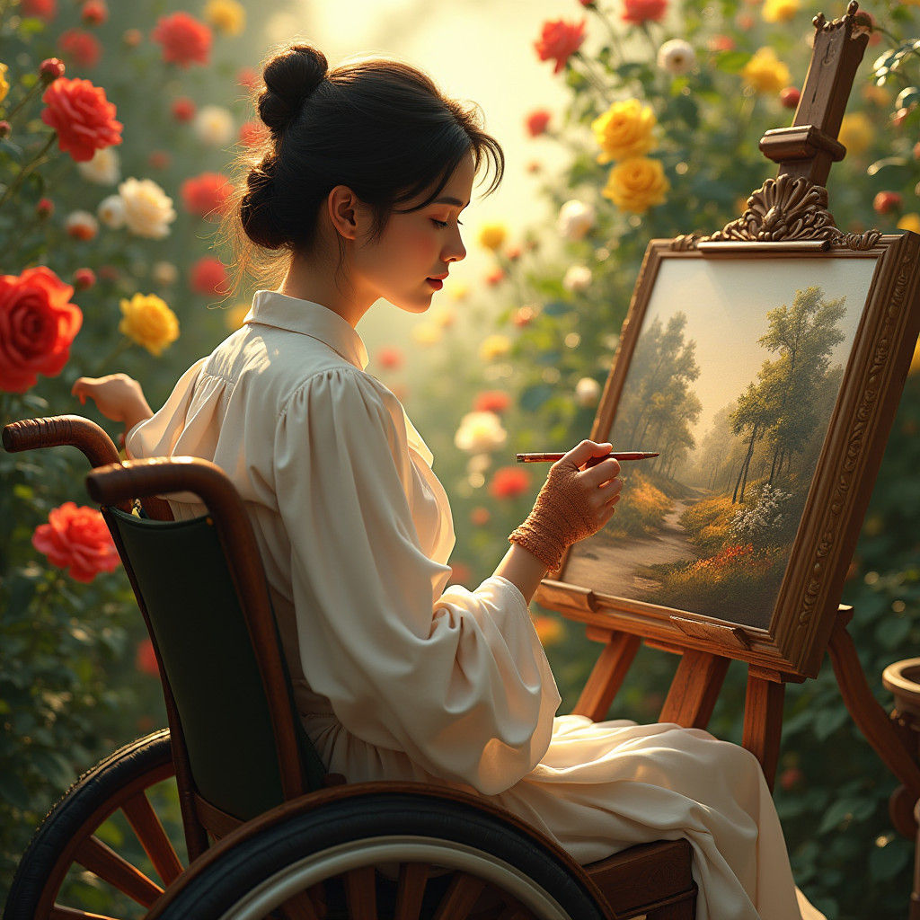 Artist in Garden Painting a Landscape, Hyperdetailed Art