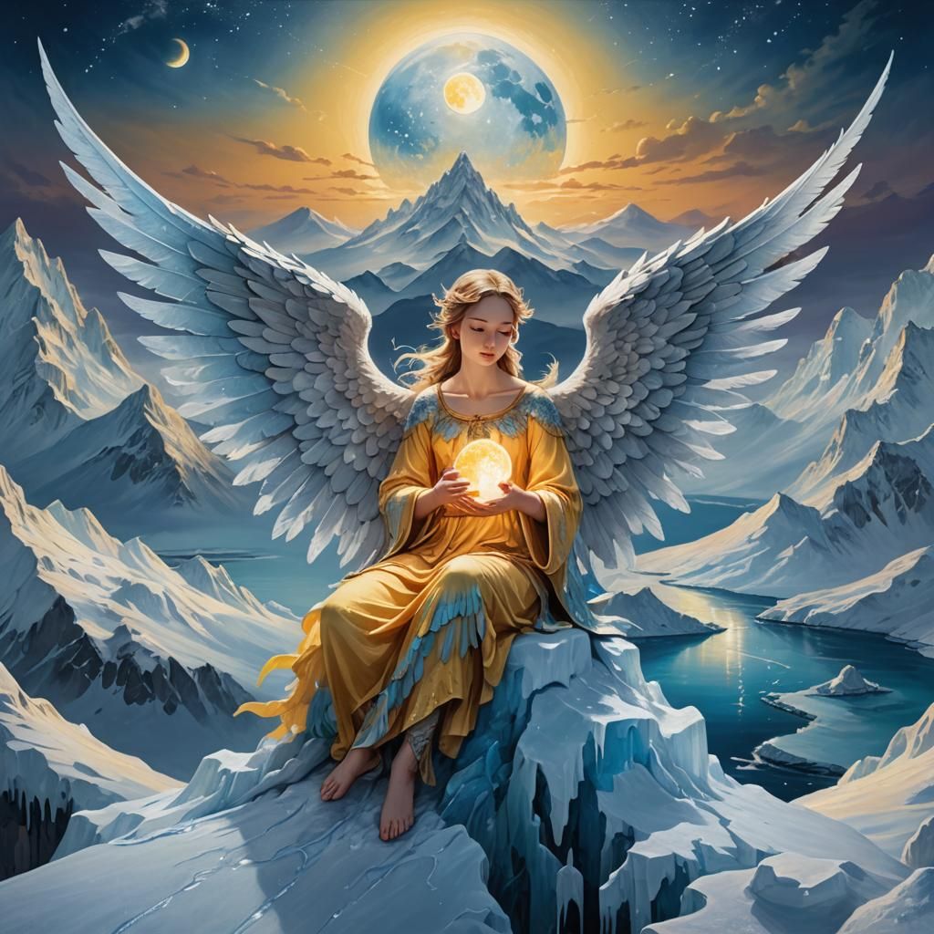 Icy Angel on Mountain Under Moonlight: Digital Art