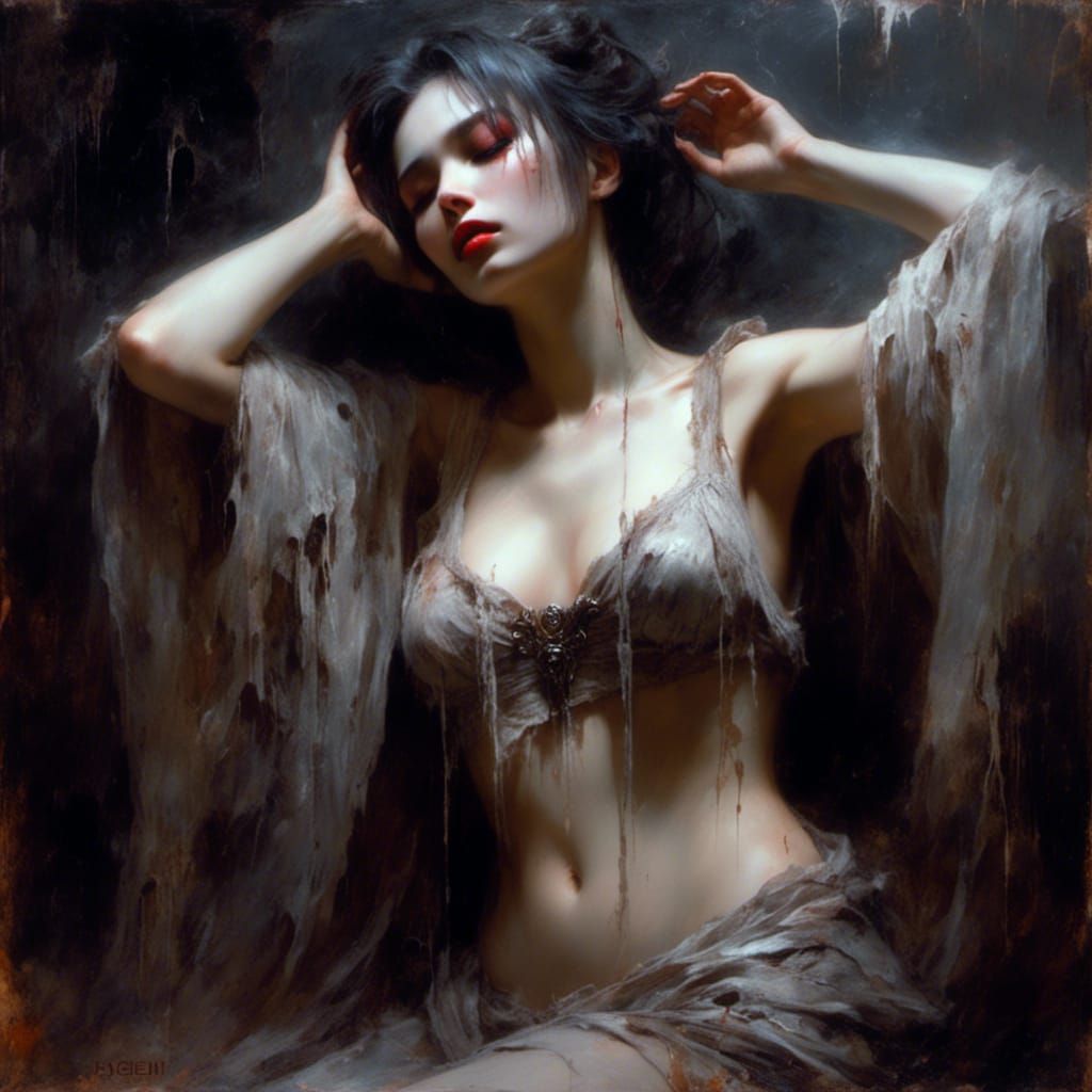 Gothic Nude Woman in Macabre Oil Painting Style