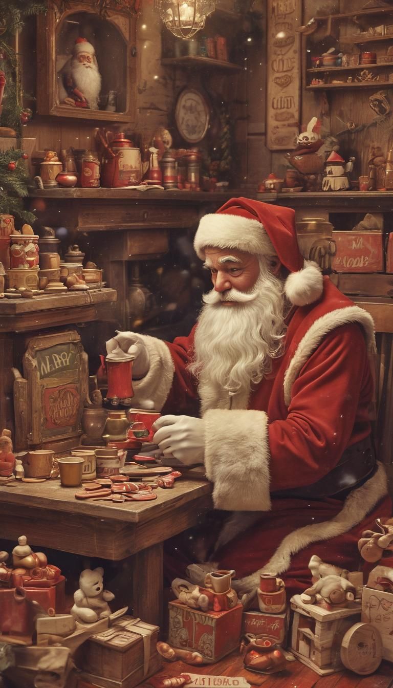 Retro Santa Claus Illustration in Cozy Workshop