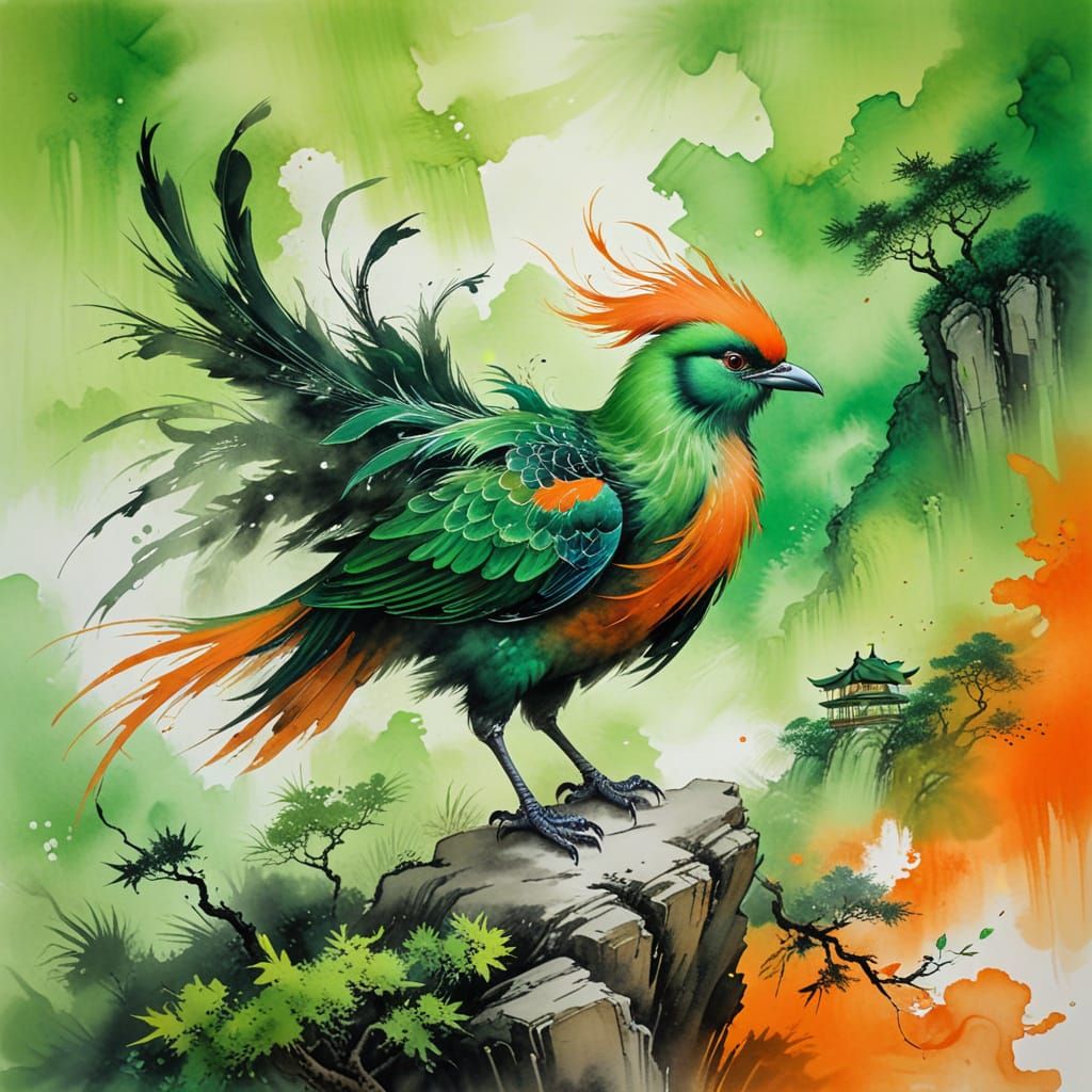 Chinese Landscape with Bird in Neon Silk Style