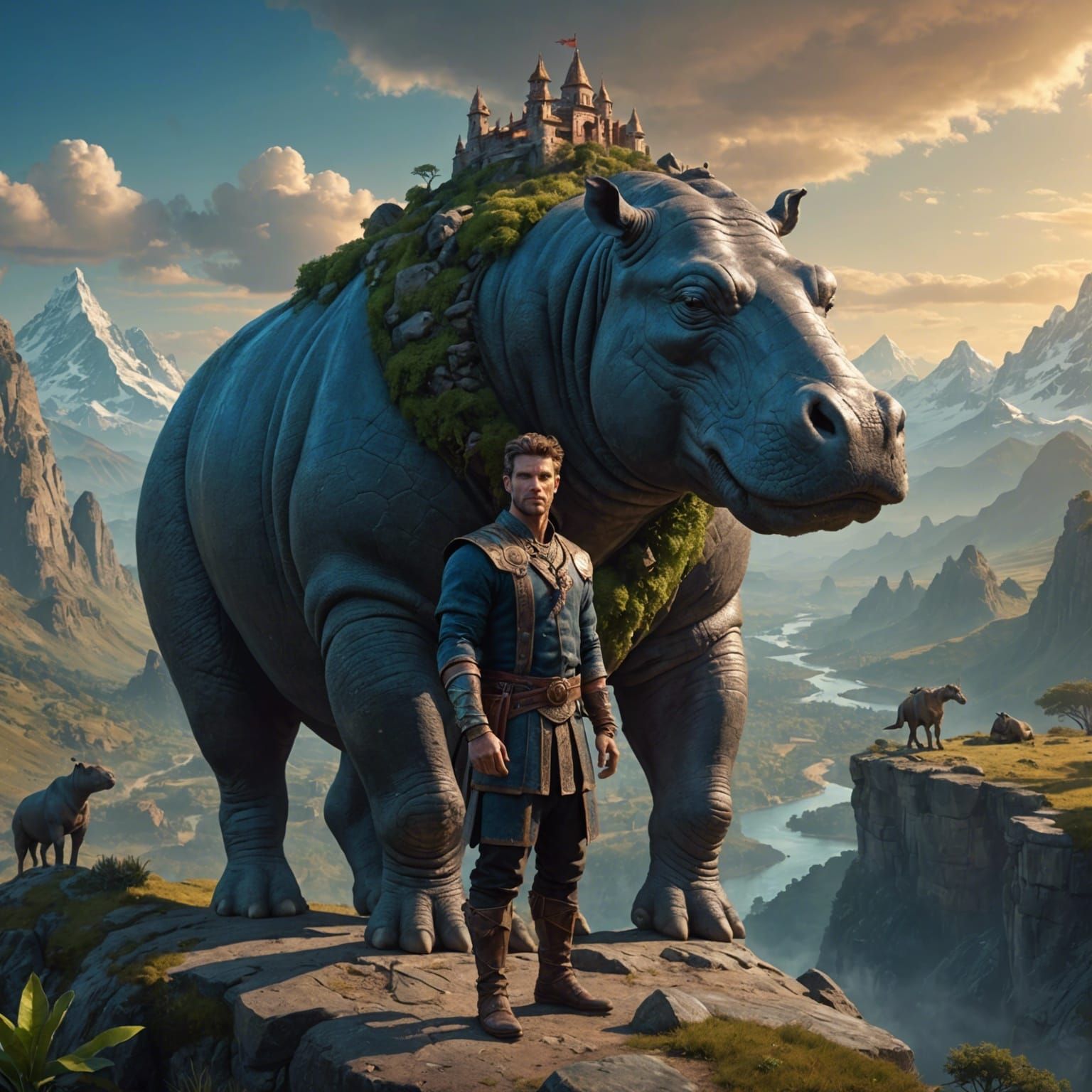 fantasy hybrid human with hippopotamus face, handsome chad, with ancient cultivation posture on mountain, highly detail...