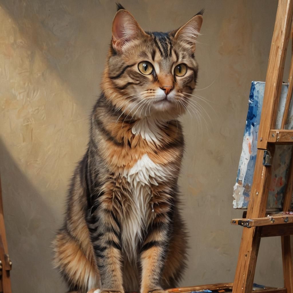 Cat Painting a Self-Portrait as Oil Painting