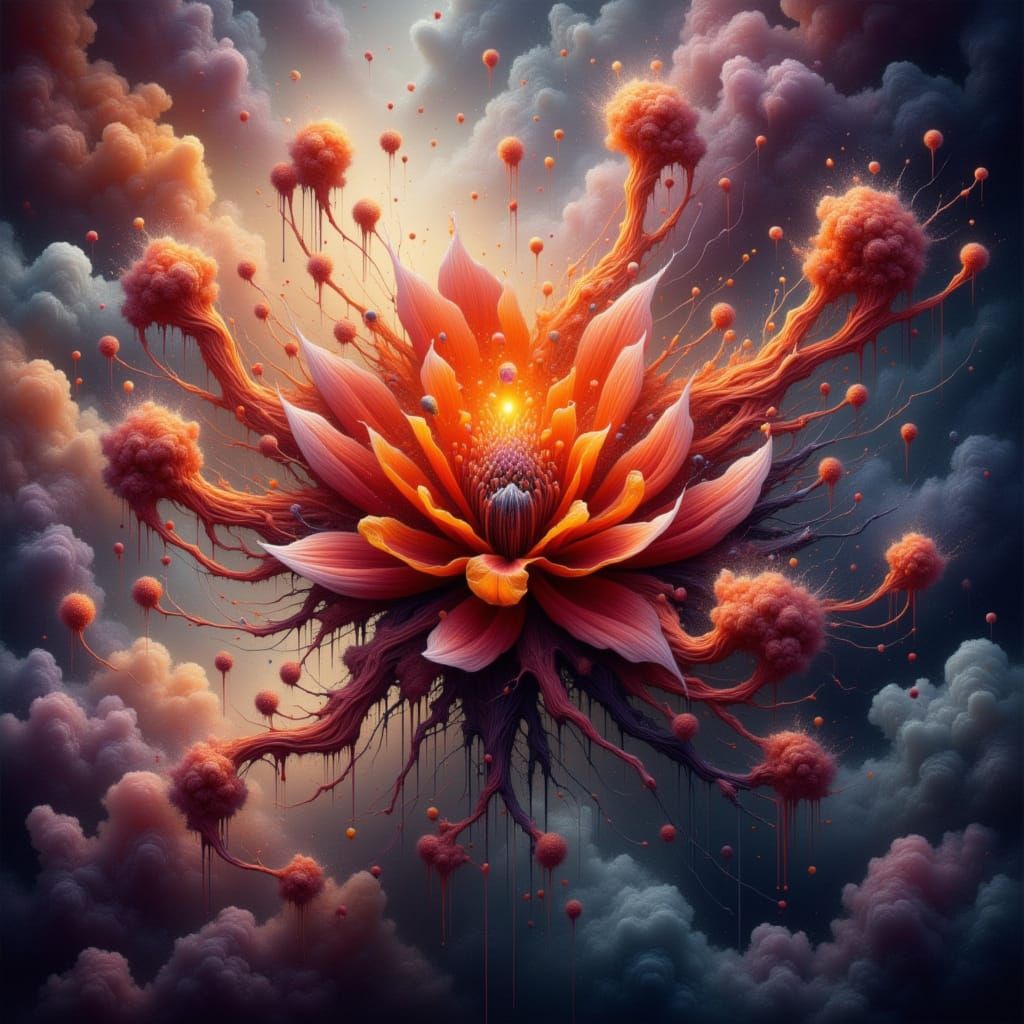 <lora:All About The Drip:1.0> Ornate petals : Professional photography : a wispy flower floating in the clouds ! colorfu...