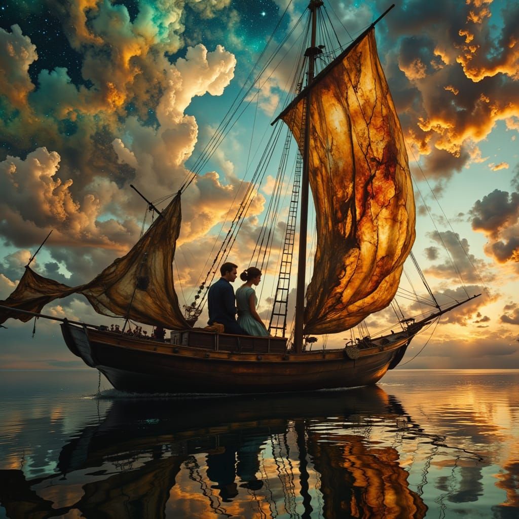 Cowboy and Lady on Schooner in Dreamscape