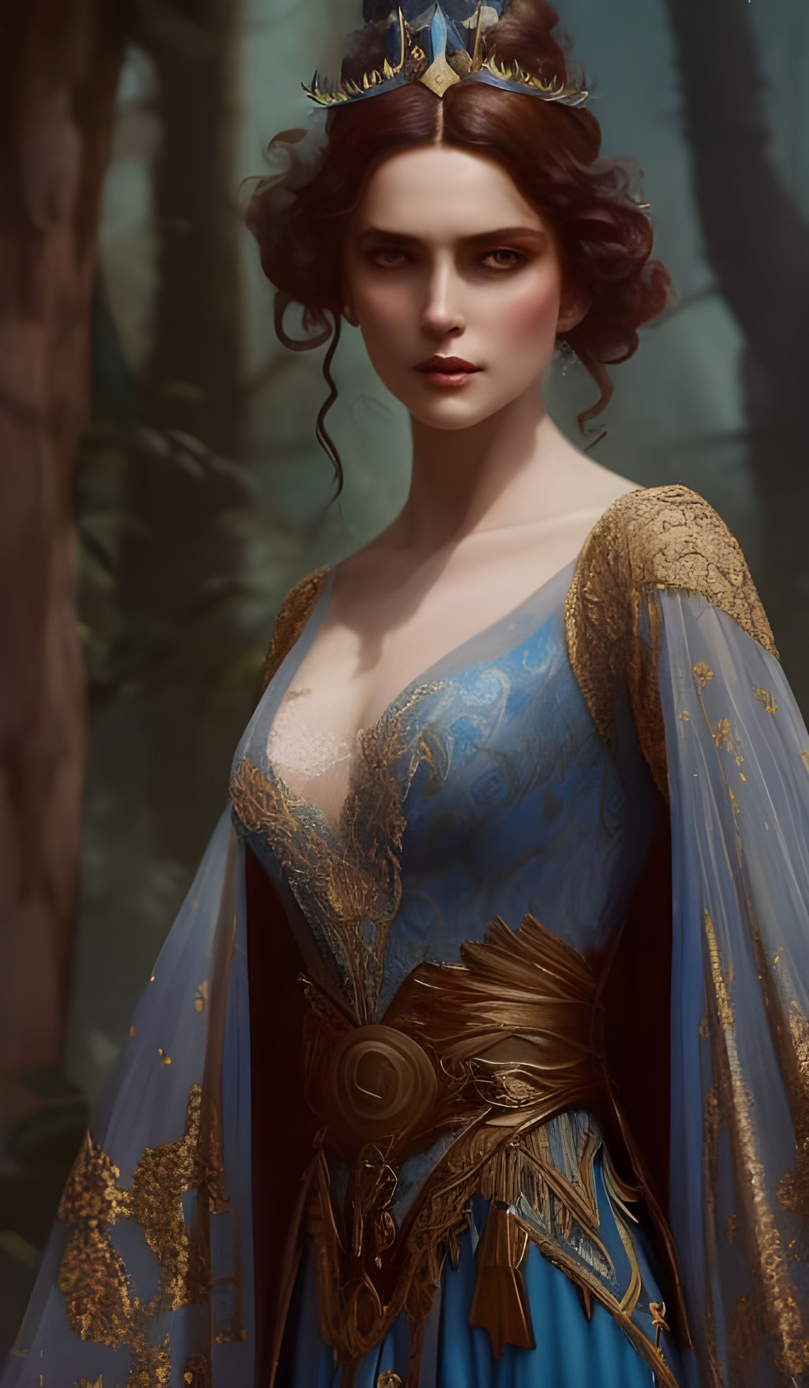 Fairy Queen in Blue Lace Gown: Digital Masterpiece