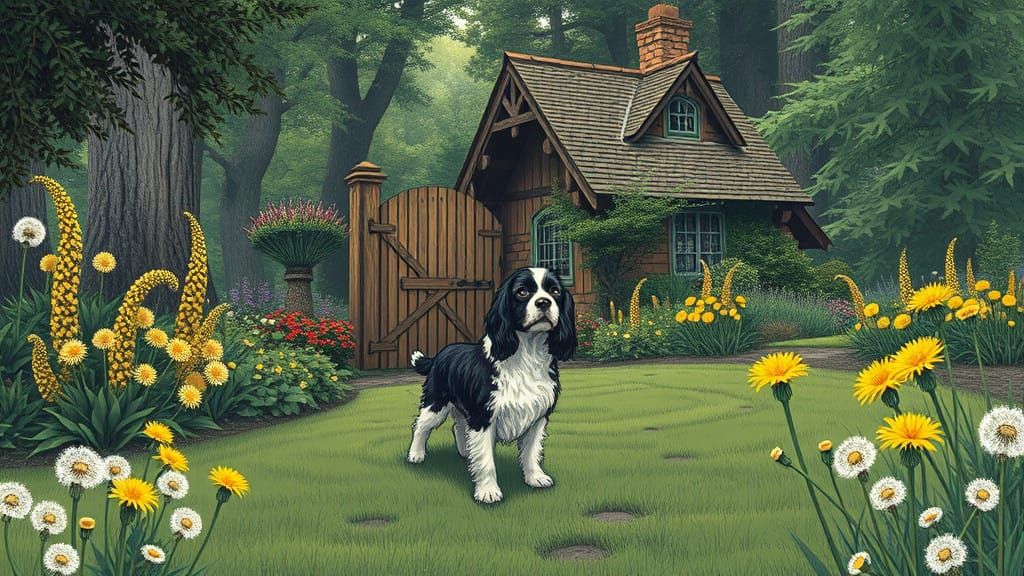 Whimsical Fantasy Cottage with Mystical Forest and Black and...