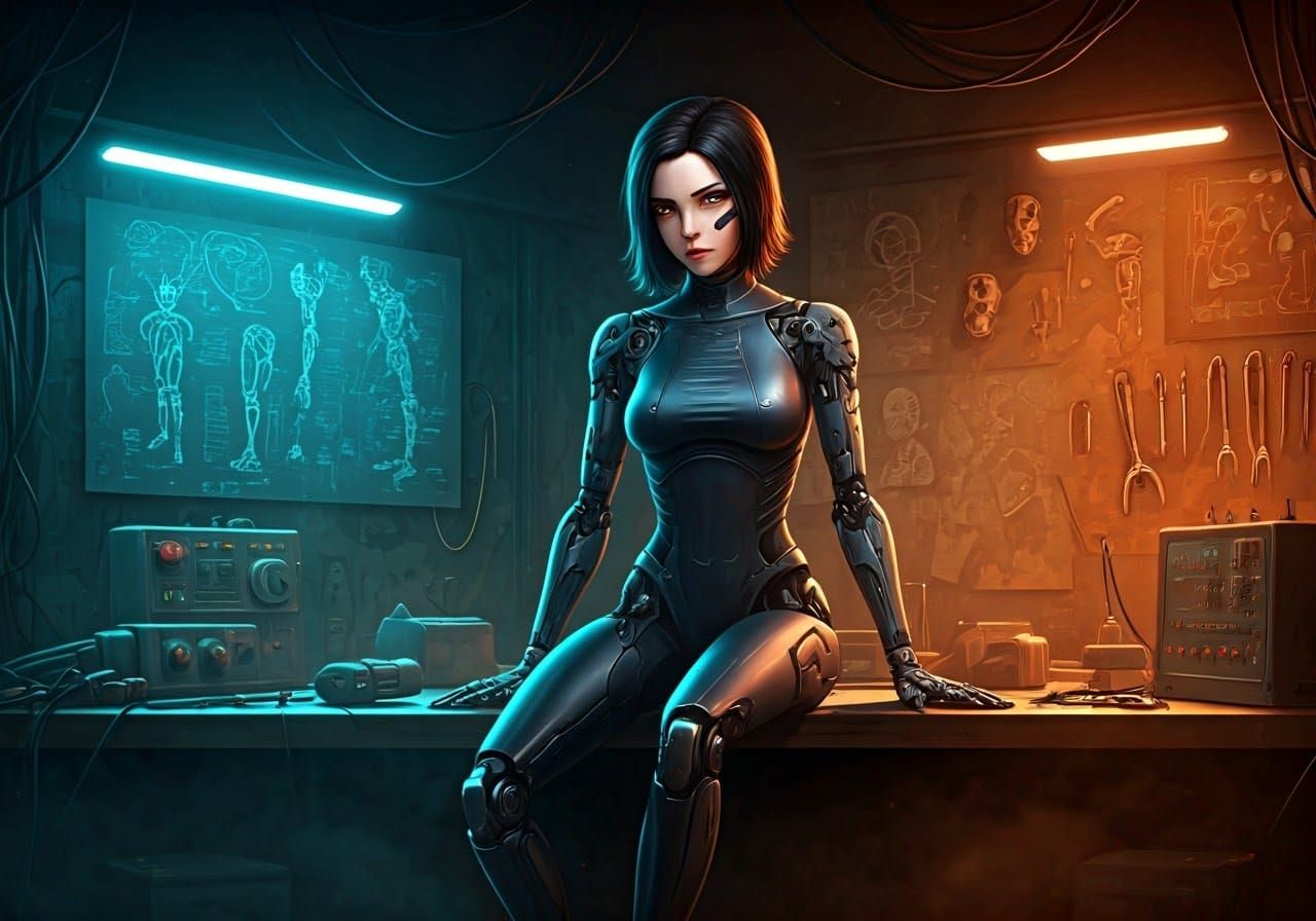 Cyborg Anime Girl in Robotics Lab as Digital Art