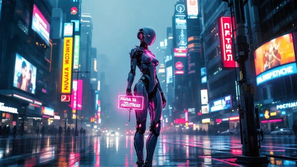 Futuristic Female Android in Neon Lit Metropolis