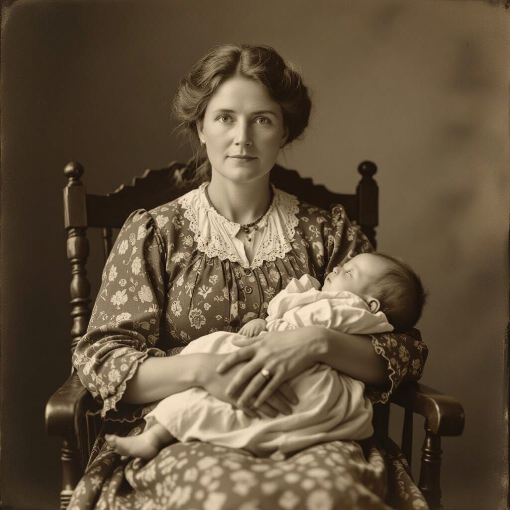 1905 Sepia Photo: Tender Moment of a Mother and Infant