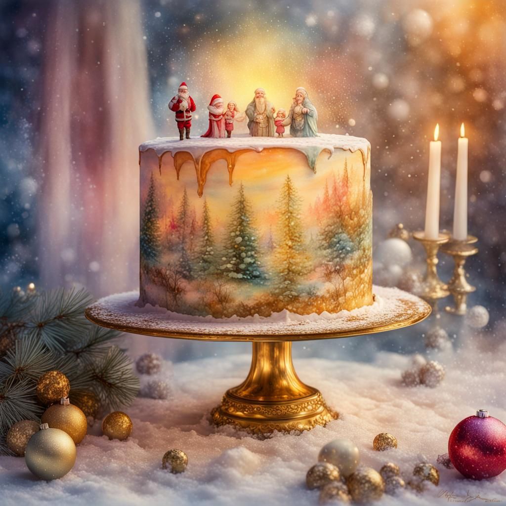 Father Christmas Christmas Cake in Fantasycore Watercolor
