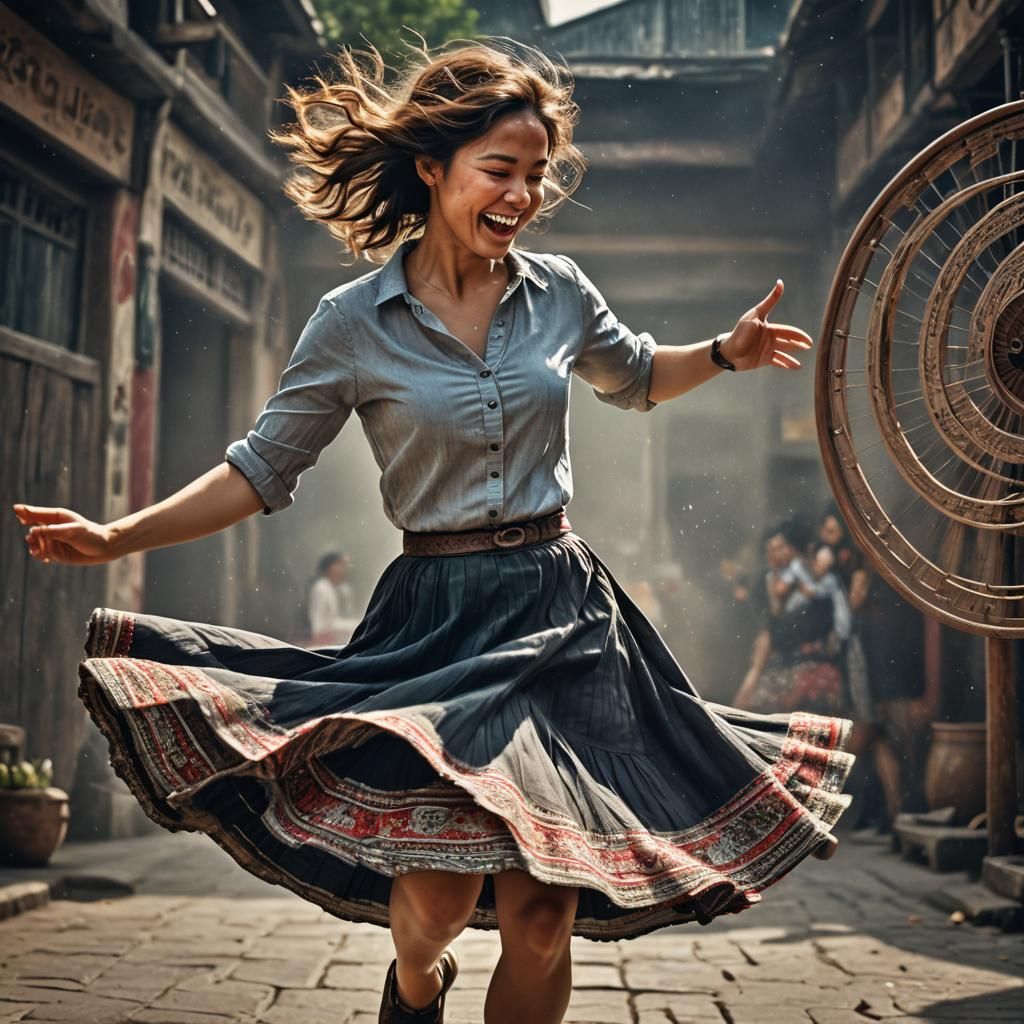 Woman Spinning Happily: Hyperrealistic 64MP Photo