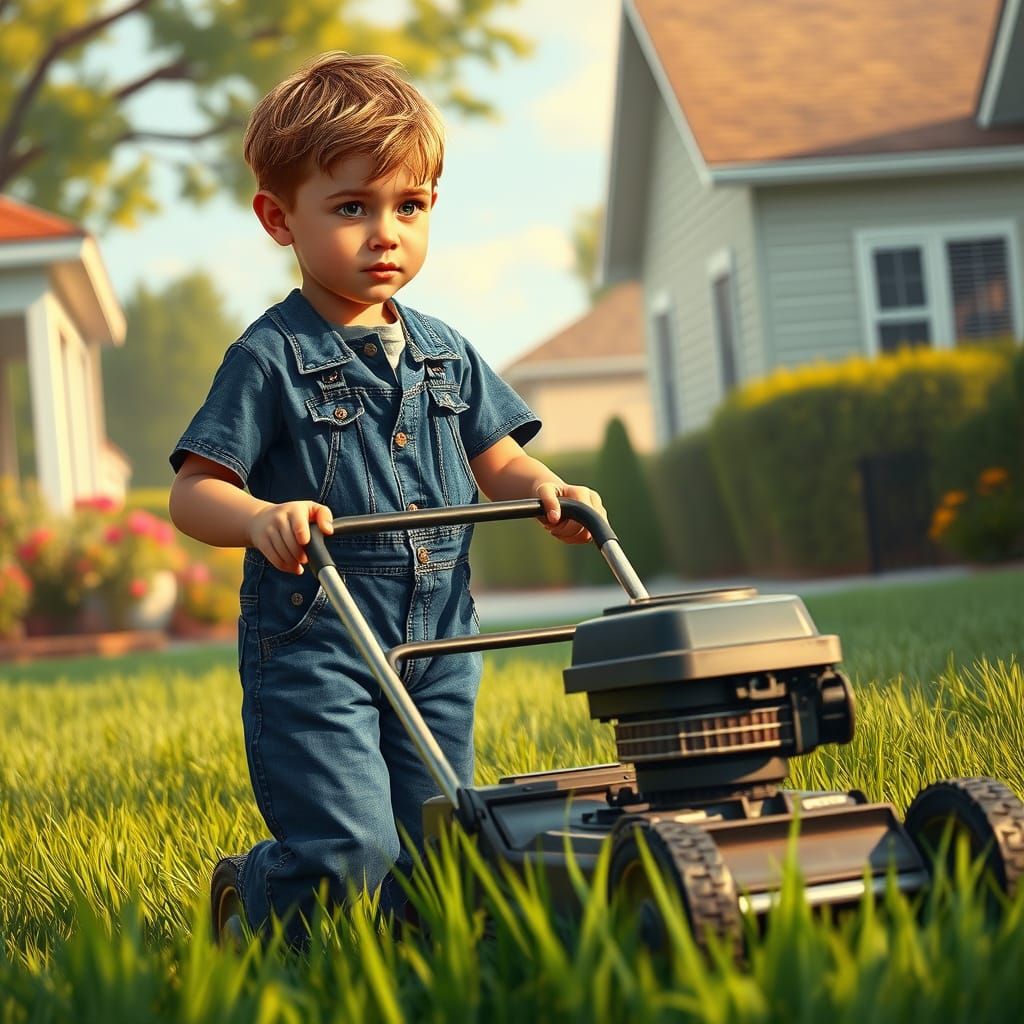 Boy Mowing Lawn in 1950s Suburbia