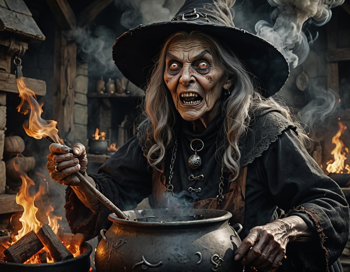 Eerie Witch Close-Up in Grayscale Digital Art