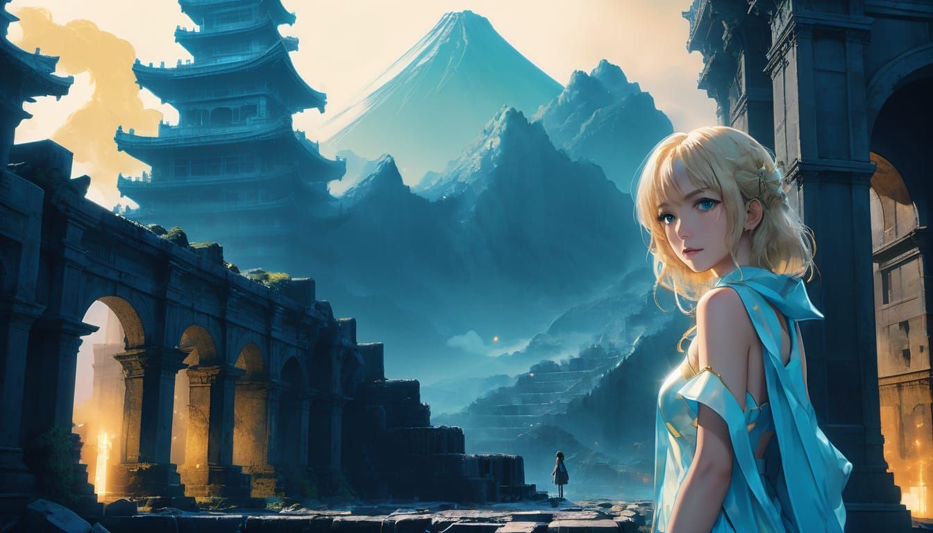 Fantasy Woman in Lost City, Luminous Glow, Iridescent Scales